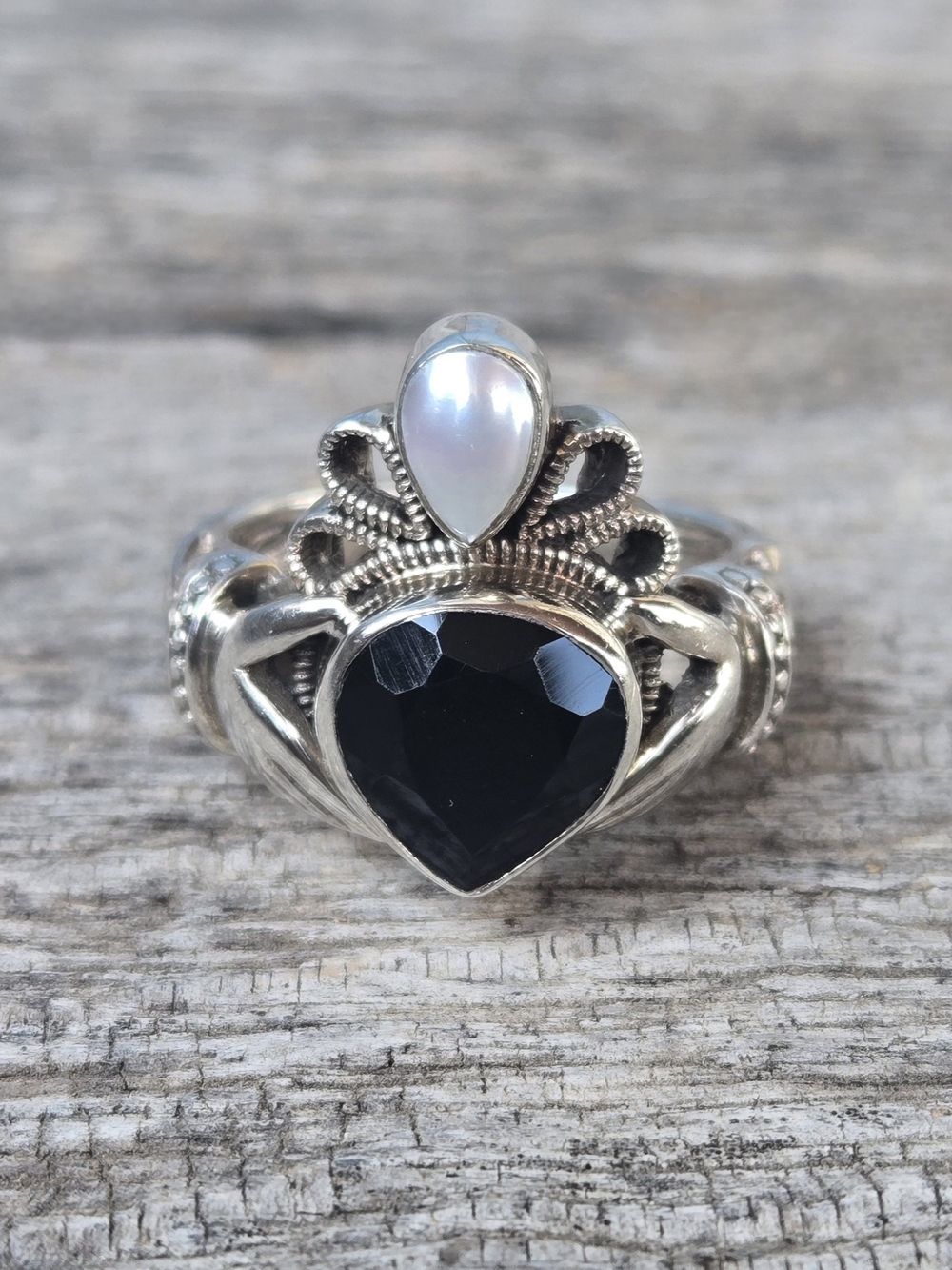 Nicky Butler Silver Ring with Black Heart Stone and Pearl Teardrop